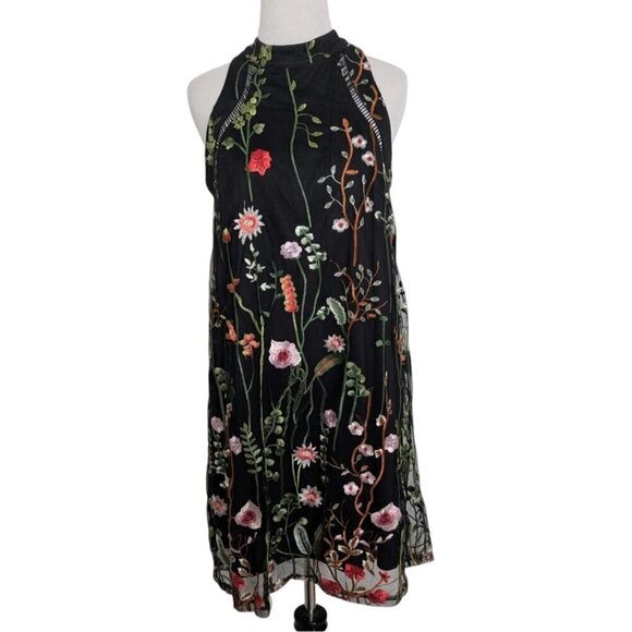 Cato Dresses & Skirts - Cato Embroidered Floral Dress Womens Size Medium Black Lined Sleeveless Sheath